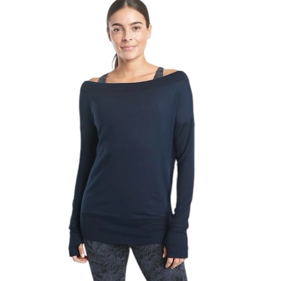 Athleta Tops - Athleta Studio Barre Sweatshirt Medium Long Sleeve Top Blue Off The Shoulder